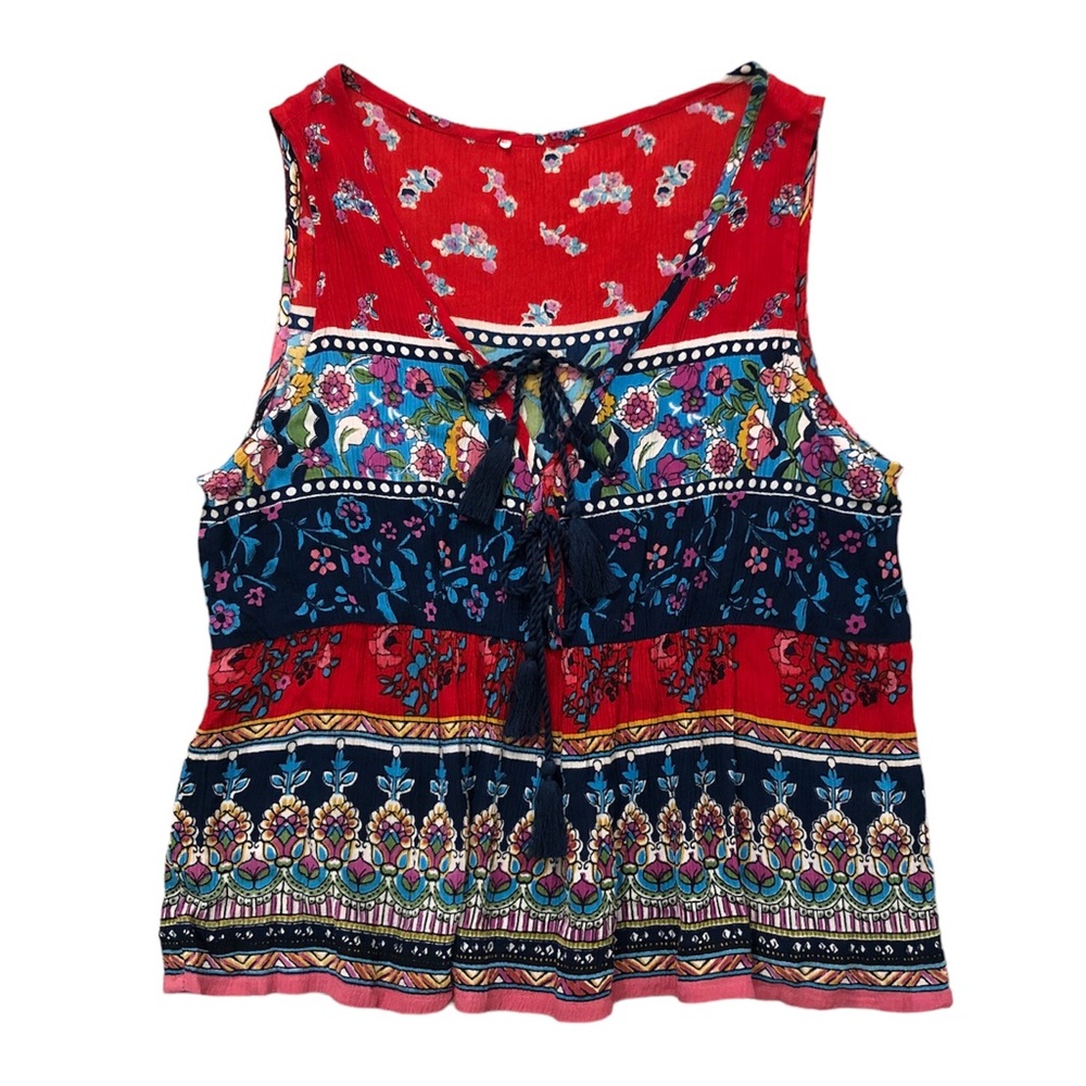 Multicolored Floral Print Tassel Tie Front Top- Size Small